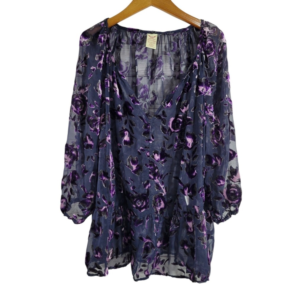 Faded Glory Velvet Burnout Tunic Top Womens XL 16-18 Black Purple Floral Goth
